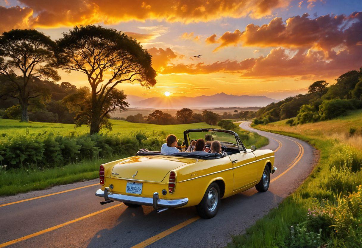 A scenic road winding through a lush green landscape, with a family in a colorful car joyfully laughing and enjoying the journey. The sun setting in the background casts a warm golden glow, symbolizing optimism and happiness. Add elements like playful clouds and birds in the sky, emphasizing a sense of freedom and adventure. Inviting, cheerful colors dominate the scene. vibrant colors. super-realistic.