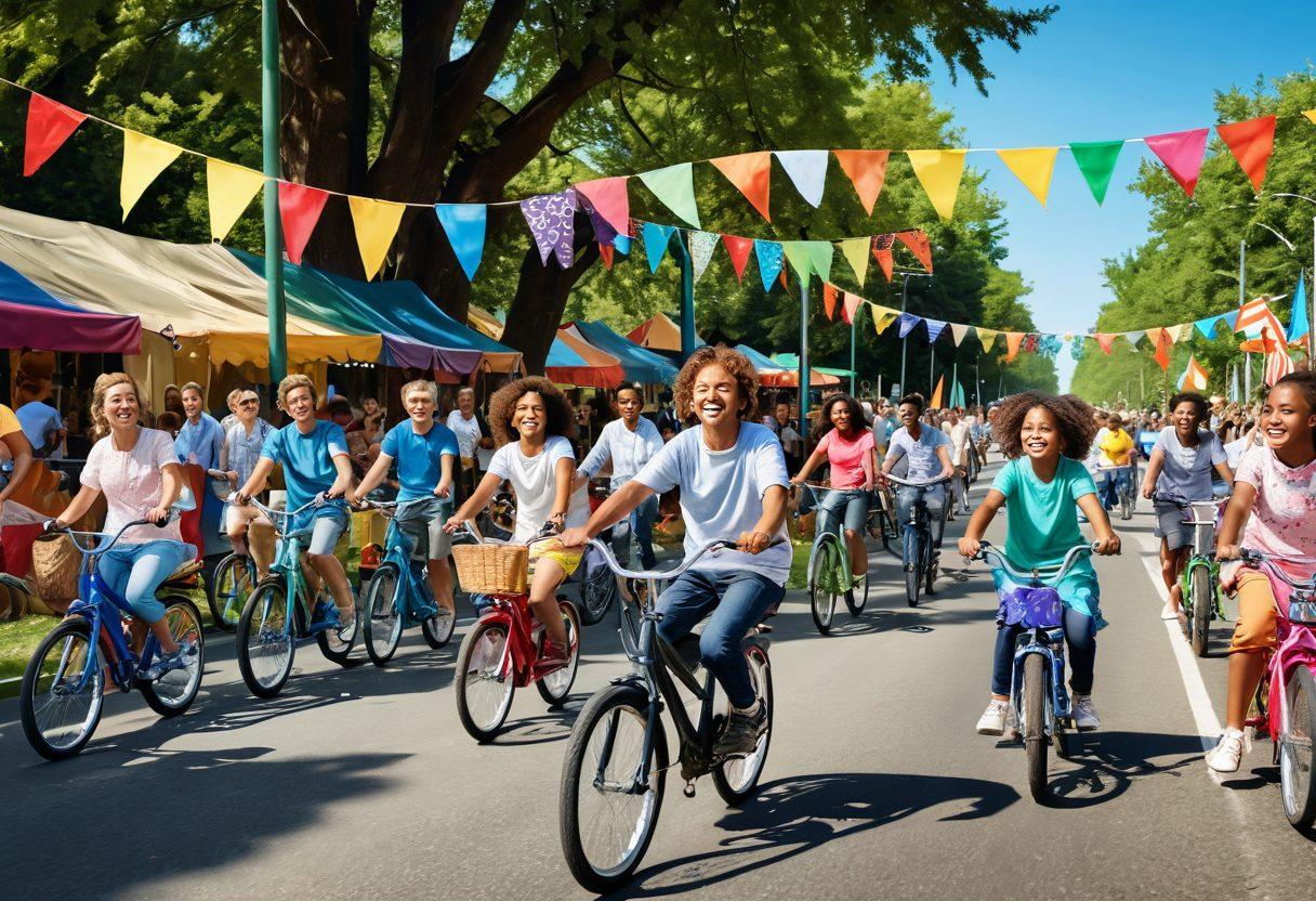 A vibrant scene of a diverse group of people joyfully participating in a community event on a sunny road, with colorful banners and decorations. Children playing, adults sharing stories and smiling, bicycles and small electric vehicles in the background, and trees lining the street. The image should convey a sense of happiness and community spirit. super-realistic. vibrant colors. sunny atmosphere.