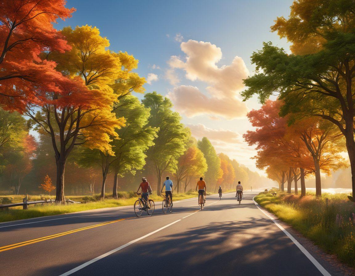 A serene scene of a diverse group of drivers on a scenic roadway, embodying mindfulness and connection with nature. Include trees lining the path, bicycles, and pedestrians enjoying the community essence. The sky is bright and cheerful, symbolizing pleasant travel experiences. Use warm, inviting colors to evoke a sense of harmony and joy. vibrant colors. super-realistic.